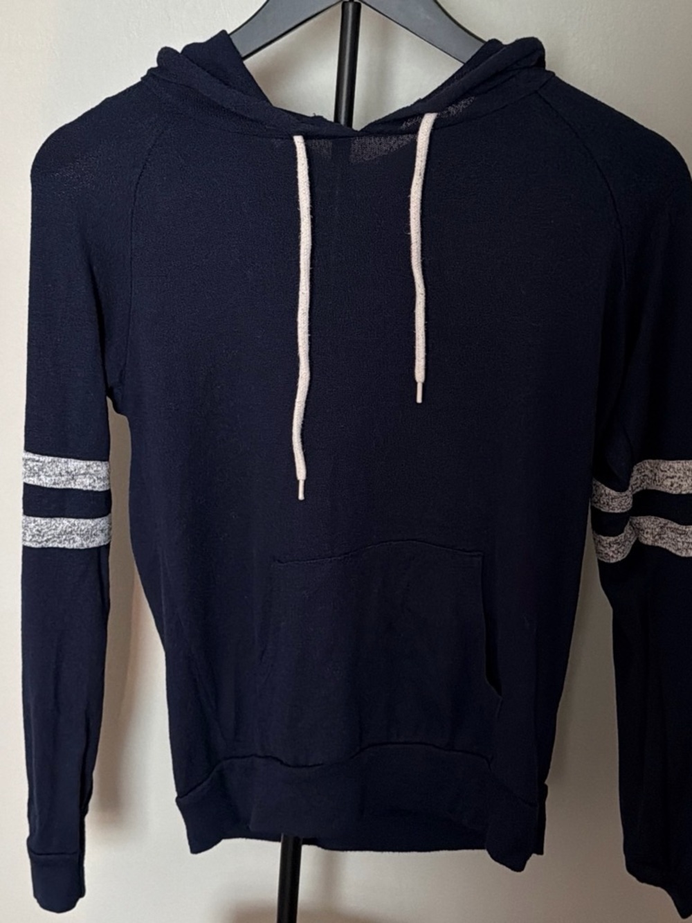 Women’s Navy Hoodie Sweatshirt with Contrast Sleeve Stripes